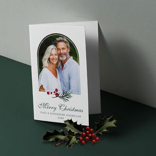 Elegant Botanical Pine Berry Christmas Photo Holiday Card (Elegant Botanical Pine Berry Christmas Photo Folded Holiday Card)