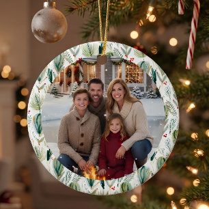 Elegant Botanical Pine Family Photo Christmas Ceramic Tree Decoration