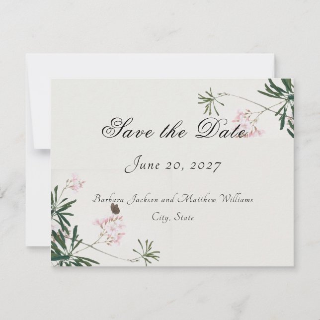 Elegant Botanical Pink Blossom Save the Dates Card (Front)