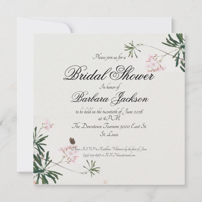 Elegant Botanical Pink Blossom with Butterfly Invitation (Front)
