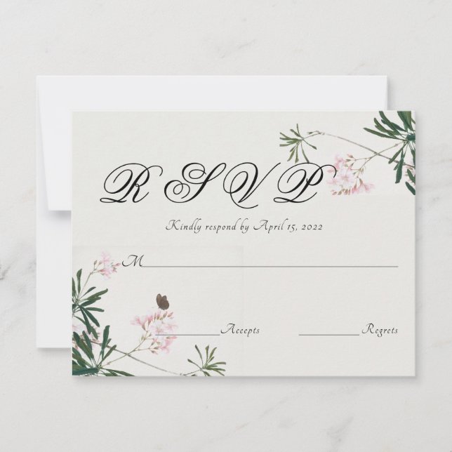 Elegant Botanical Pink Blossom with Butterfly RSVP Card (Front)