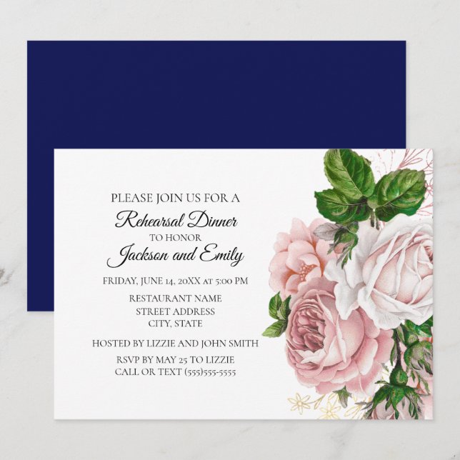 Elegant Botanical Pink Floral Navy White Rehearsal Invitation (Front/Back)