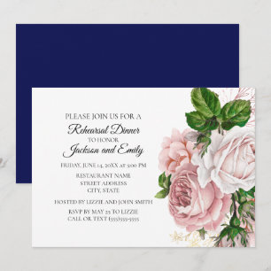 Elegant Botanical Pink Floral Navy White Rehearsal Invitation