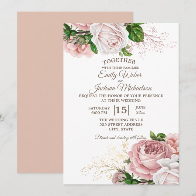 Elegant Botanical Pink Floral Roses White Wedding Invitation (Front/Back)
