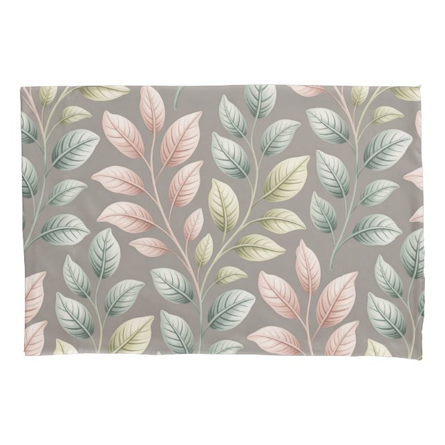 Elegant Botanical Pink & Sage Leaf Pattern Pillowcase (Front)