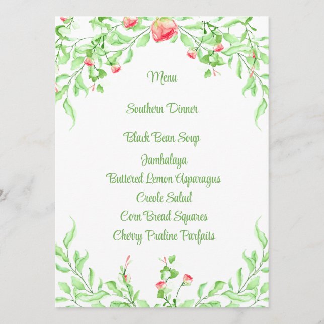 Elegant Botanical Pink Watercolor Roses Menu Card (Front)
