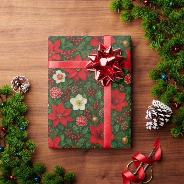 Elegant Botanical Poinsettia Floral Art Pattern Wrapping Paper (Holiday Gift)