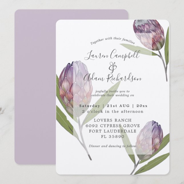 Elegant Botanical Protea Purple Wedding Invitation (Front/Back)