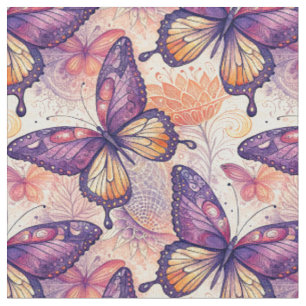 Elegant Botanical Purple Butterfly Floral Pattern Fabric