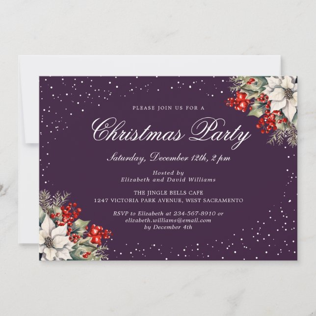 Elegant Botanical Purple Christmas Holiday Party Invitation (Front)