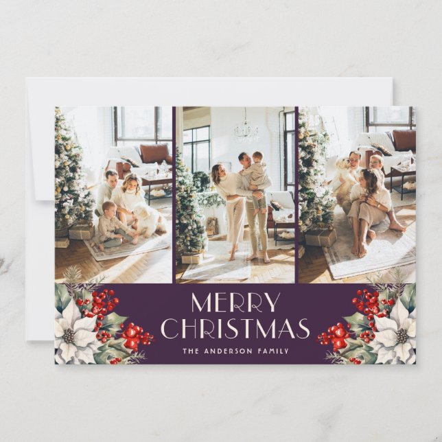 Elegant Botanical Purple Photo Collage Christmas Holiday Card (Front)