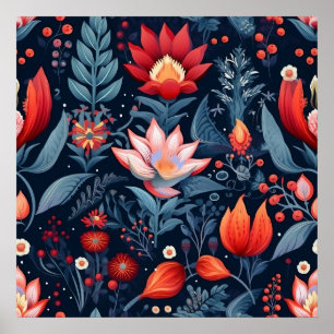 Elegant Botanical Red Blue Teal Pattern MIdnight Poster