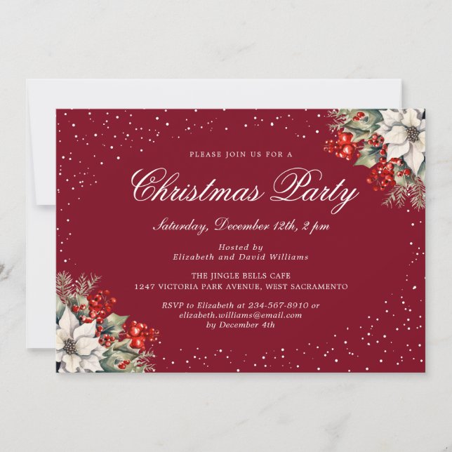 Elegant Botanical Red Christmas Holiday Party Invitation (Front)