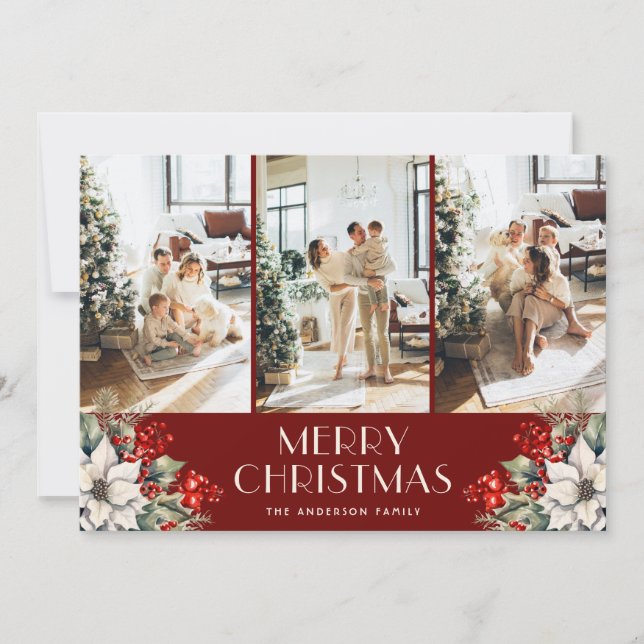 Elegant Botanical Red Photo Collage Christmas Holiday Card (Front)