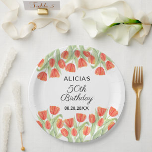Elegant Botanical Red Tulip 50th Birthday Paper Plate