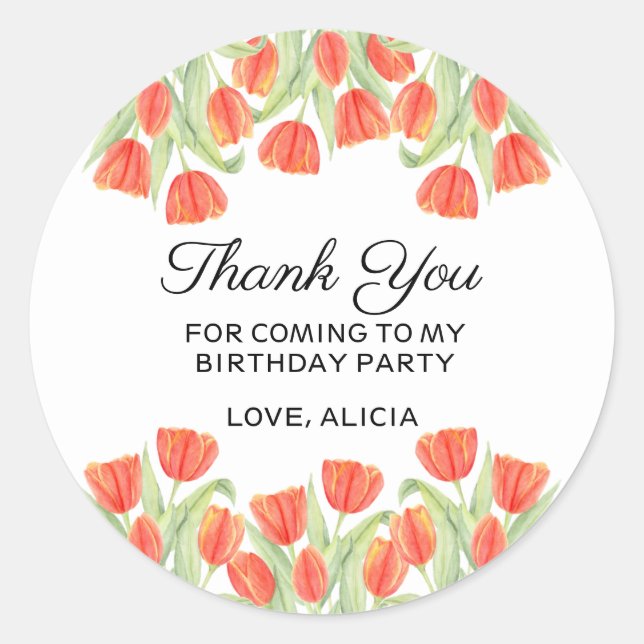 Elegant Botanical Red Tulip Thank You Birthday Classic Round Sticker (Front)