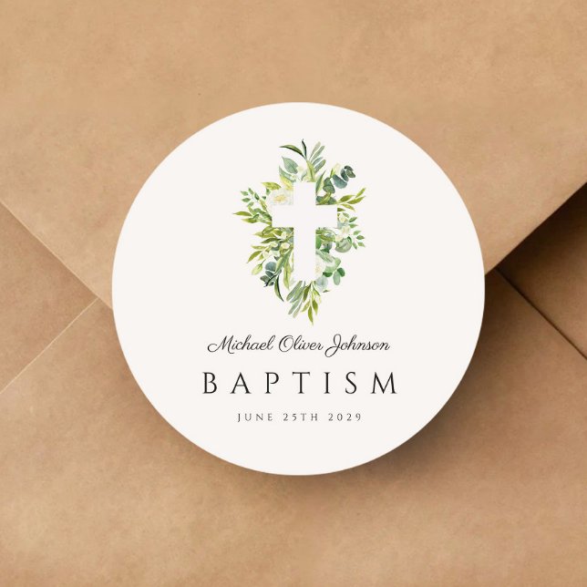 Elegant Botanical Religious Cross Baptism Classic Round Sticker (Elegant Botanical Religious Cross Baptism Classic Round Sticker)
