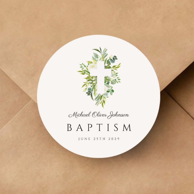 Elegant Botanical Religious Cross Baptism  Classic Round Sticker (Elegant Botanical Religious Cross Baptism Classic Round Sticker)