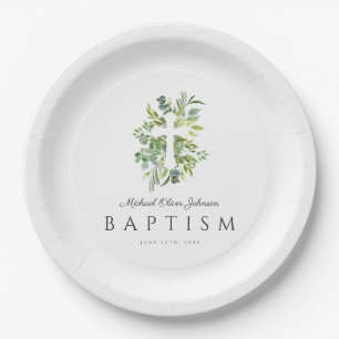 Elegant Botanical Religious Cross Baptism Paper Plate