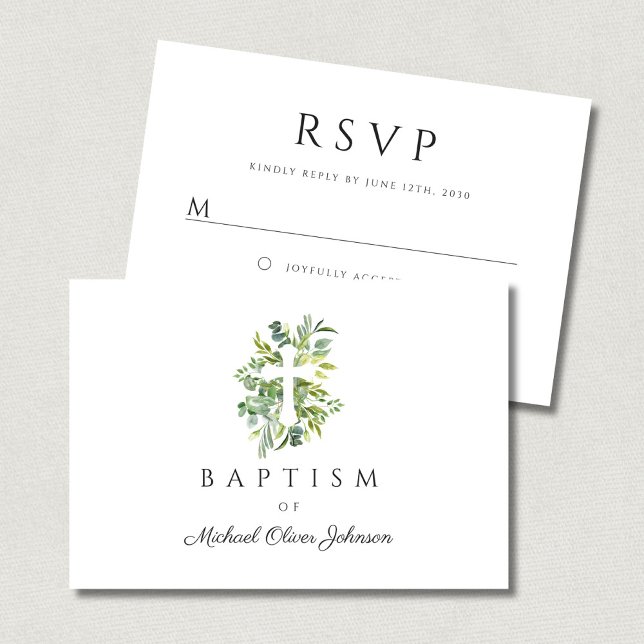 Elegant Botanical Religious Cross Baptism RSVP Card (Elegant Botanical Religious Cross Baptism RSVP Card)
