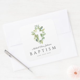 Elegant Botanical Religious Cross Baptism  Square Sticker
