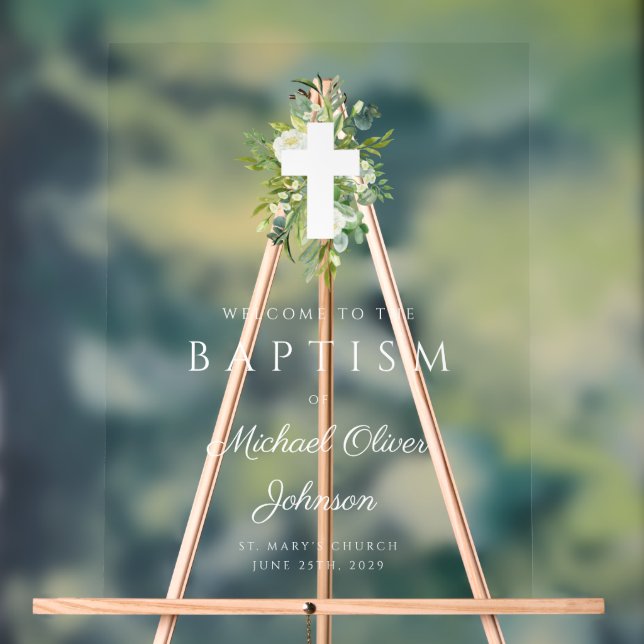 Elegant Botanical Religious Cross Baptism Welcome Acrylic Sign (Neutral)