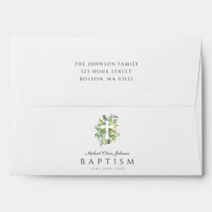 Elegant Botanical Religious Cross Green Baptism  Envelope