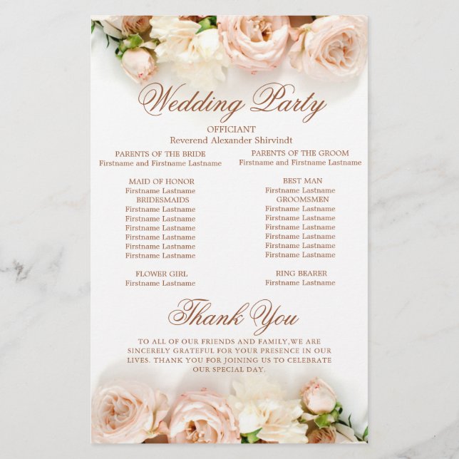 Elegant Botanical Roses Floral Wedding Program (Back)