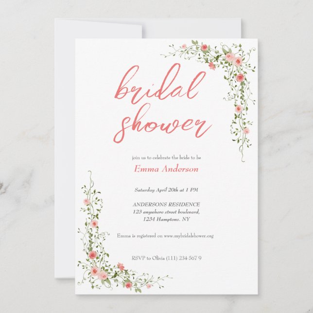 Elegant Botanical Roses Pink bridal shower  Invitation (Front)