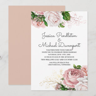 Elegant Botanical Roses Pink Floral White Wedding Invitation