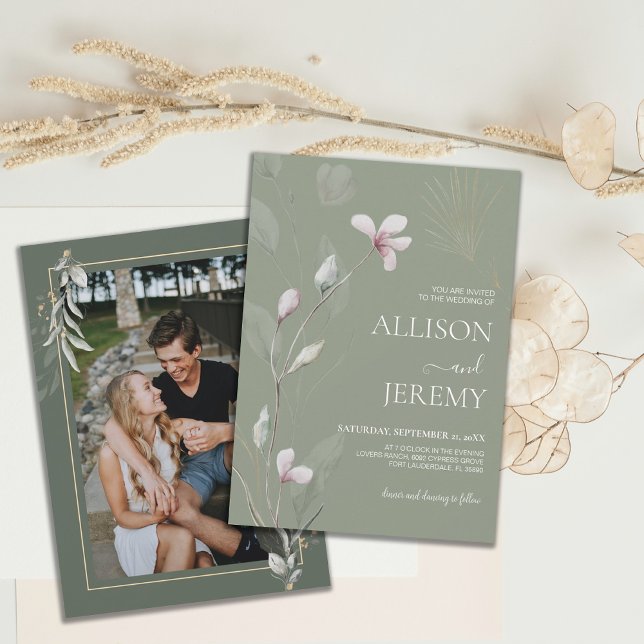 Elegant Botanical Sage Green Gold Wedding Invite (sage green gold botanical minimalist photo wedding invite)