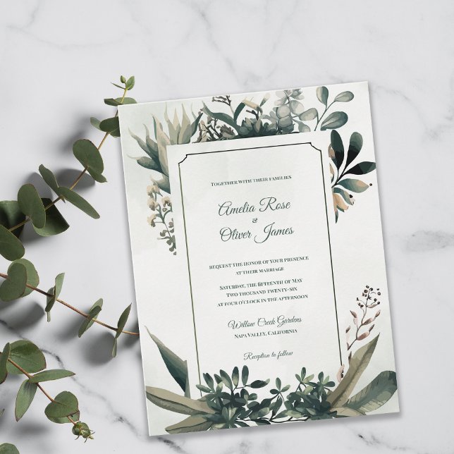 Elegant Botanical Sage Green Greenery Wedding Invitation Postcard (Elegant Botanical Greenery Wedding Invitation | Sage Green Frame Garden Wedding Invite)