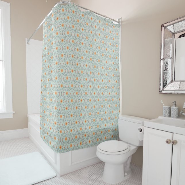 Elegant Botanical Sage Green Spring Floral Pattern Shower Curtain (In Situ)