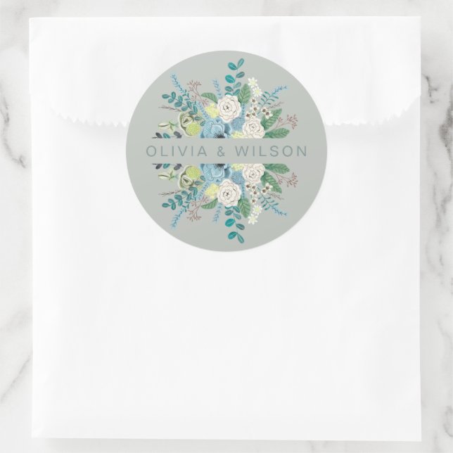 Elegant Botanical Sea Green chic Floral Classic Ro Classic Round Sticker (Bag)