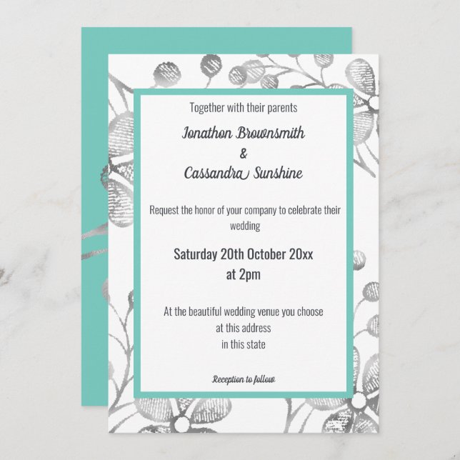 ELEGANT BOTANICAL SILVER GRAY WHITE AQUA WEDDING INVITATION (Front/Back)