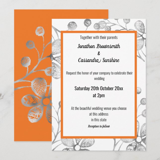 ELEGANT BOTANICAL SILVER GRAY WHITE ORANGE WEDDING INVITATION (Front/Back)