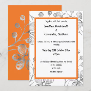 ELEGANT BOTANICAL SILVER GRAY WHITE ORANGE WEDDING INVITATION