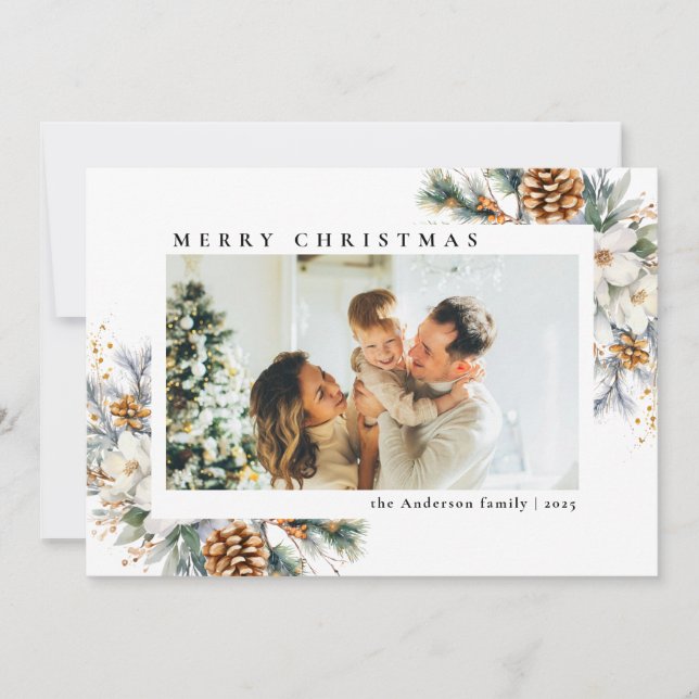 Elegant Botanical Simple Classic Photo Christmas Holiday Card (Front)