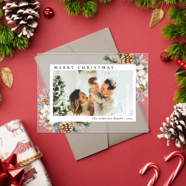Elegant Botanical Simple Photo Christmas Card Acrylic Invitations (Insitu (Holiday))