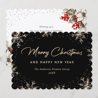 Elegant Botanical Snowflake Black Business Holiday Card