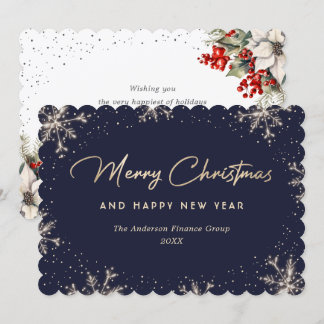 Elegant Botanical Snowflake Blue Business Holiday Card