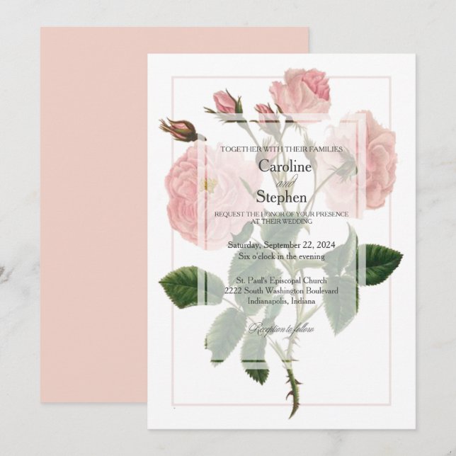 Elegant Botanical Soft Pink Rose Wedding Invitation (Front/Back)