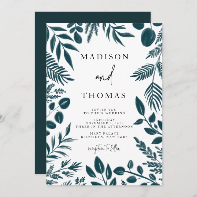 Elegant Botanical Teal Blue Wedding Invitation (Front/Back)