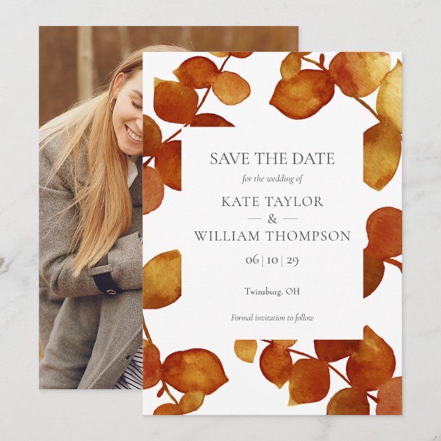 Elegant Botanical Terracotta Leaves Photo Save The Date (Front/Back)