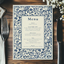 Elegant botanical-themed blue and cream menu