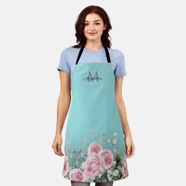 Elegant Botanical Turquoise Script Name Monogram  Apron (Worn)