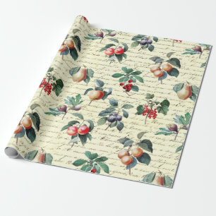 Elegant Botanical Vintage Fruit Beige Script Wrapping Paper