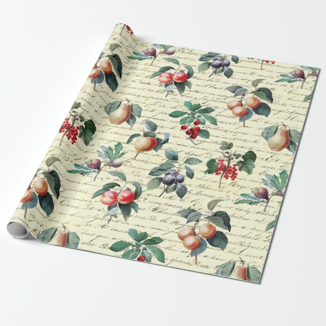 Elegant Botanical Vintage Fruit Beige Script Wrapping Paper (Unrolled)