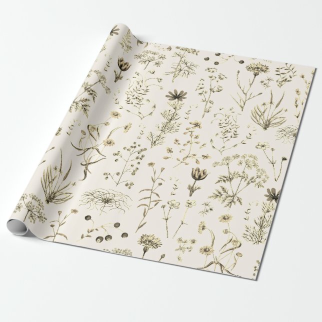 Elegant Botanical Vintage Wildflowers Beige Wrapping Paper (Unrolled)