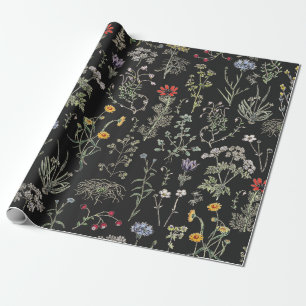 Elegant Botanical Vintage Wildflowers Black Wrapping Paper